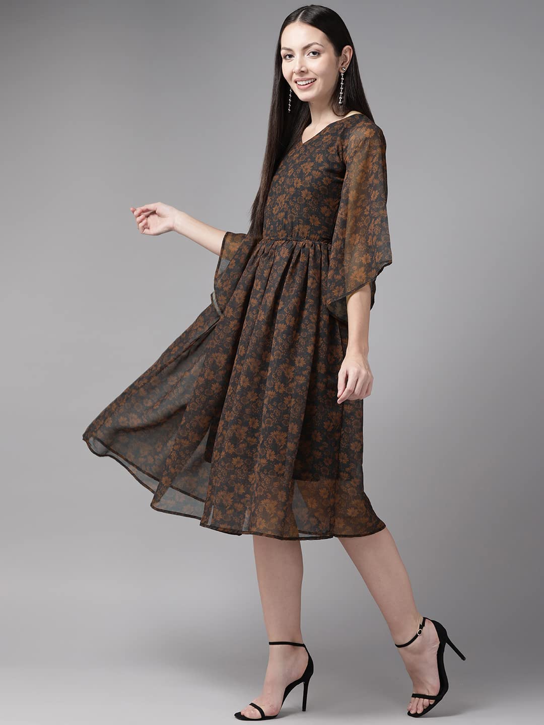 Aarika Women's Georgette Skater Knee-Length Dress (Dr-Aw-028_Brown