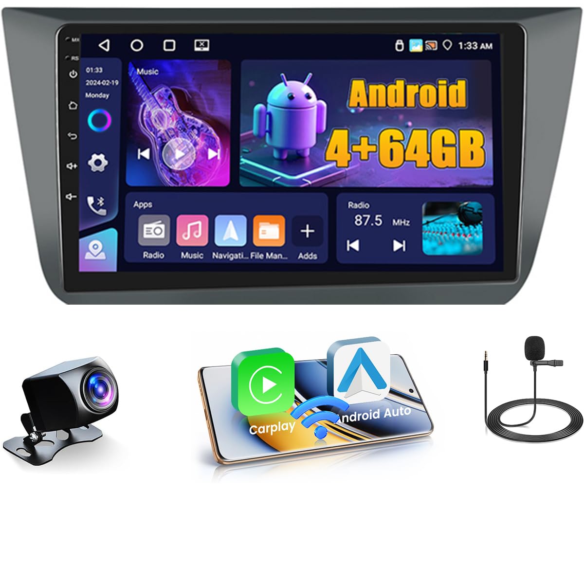 4+64GB Android Autoradio per Seat Altea 2004-2015, Seat Toledo 2004-2009 Wireless Carplay Android Auto, Touch Screen 9 Pollici Stereo Auto Bluetooth, GPS Navi, Telecamera Posteriore, FM RDS, WiFi, SWC