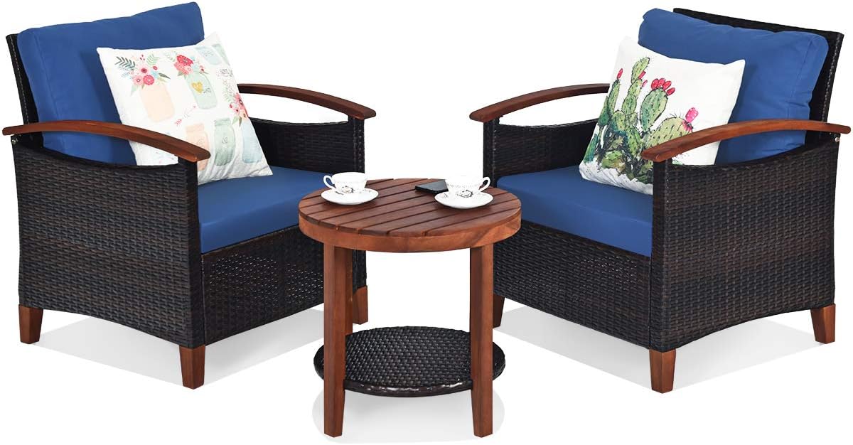 HAPPYGRILL 3 Pieces Rattan Furniture Set Outdoor Patio Conversation Set Wicker Sofa Set with Cushion & Acacia Wood Frame, Table & Chairs Set for Garden Poolside Balcony