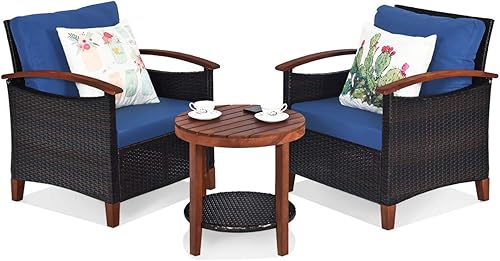 HAPPYGRILL Juego de muebles de ratán de 3 piezas, juego de sofá de mimbre con cojín y marco de madera de acacia, juego de mesa y sillas para jardín,