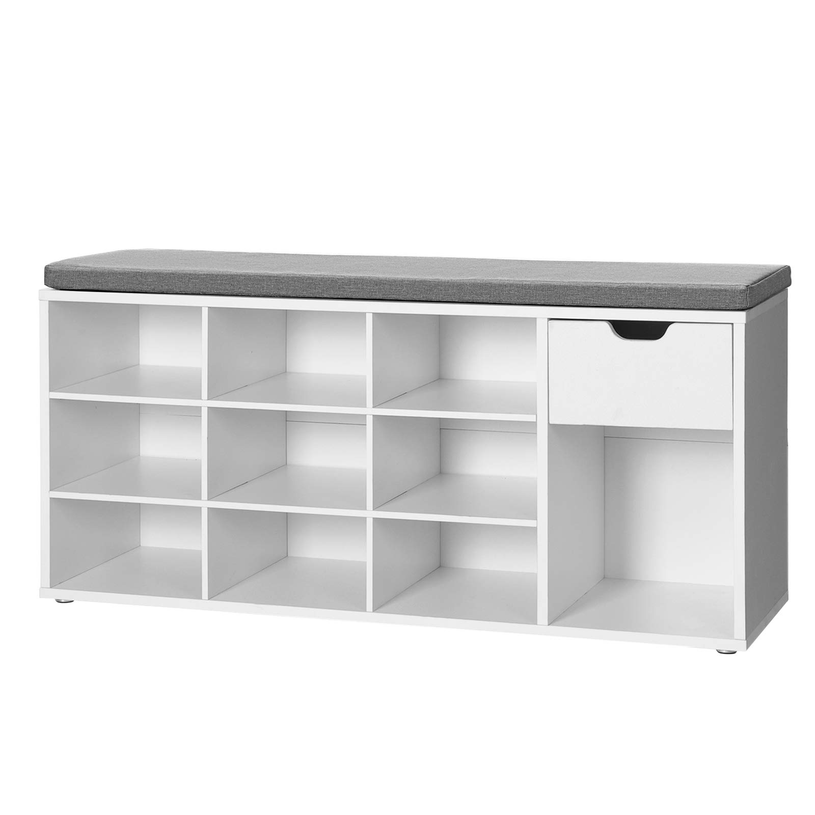 VASAGLE Custos Kollektion - Schuhbank, Schuhregal mit Schublade und offenen Fächern, Sitzbank, gepolsterter Sitz, Flur, Schlafzimmer und Eingangsbereich, 30 x 104 x 48 cm, weiß-grau LHS24WT