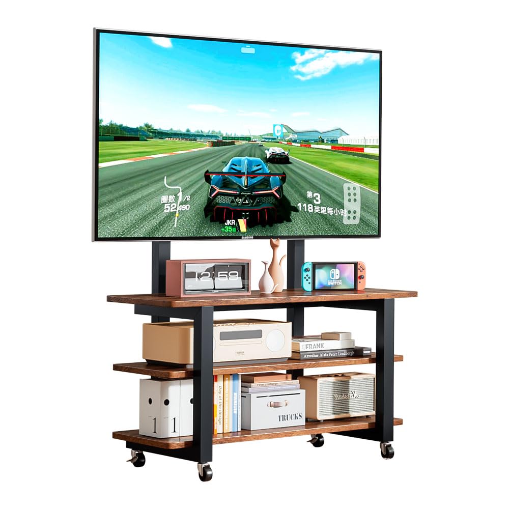 Support TV mobile sur roulettes avec étagère à 3 niveaux pour écran 32 à 70 pouces
