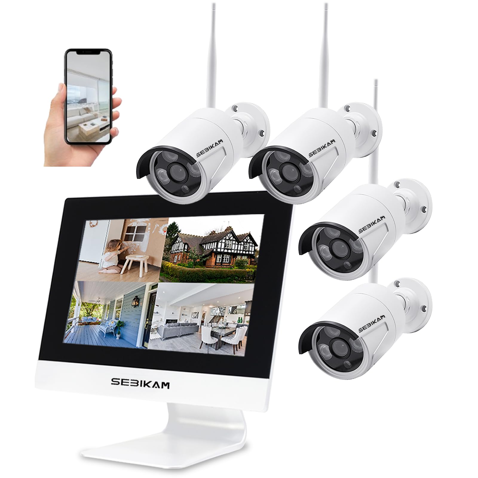 SEBIKAM Wireless Security Camera System with 10.1" Monitor, 4PCS 3MP/2K HD Cameras | 2-Way Audio | Local & Remote View | Night Vision Motion Detection