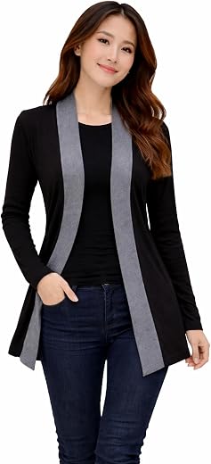 Accmetees 100% Cotton, Women's Full Sleeve Open Front Shrug with Round Neck T-Shirt, 100% Cotton, Black with Charcoal Cont...