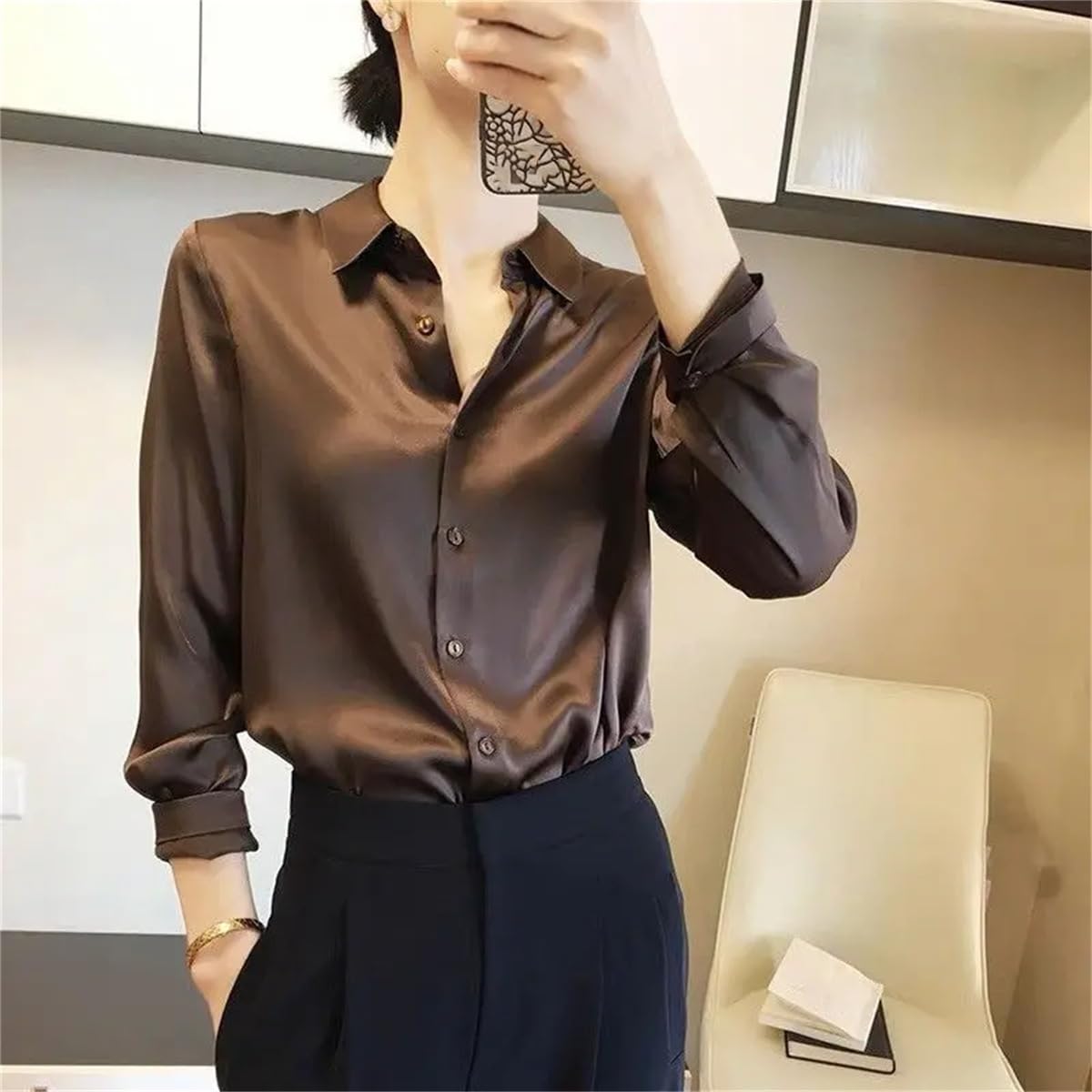 Blusa de seda de primavera para mujer, camisas elegantes con botones a juego