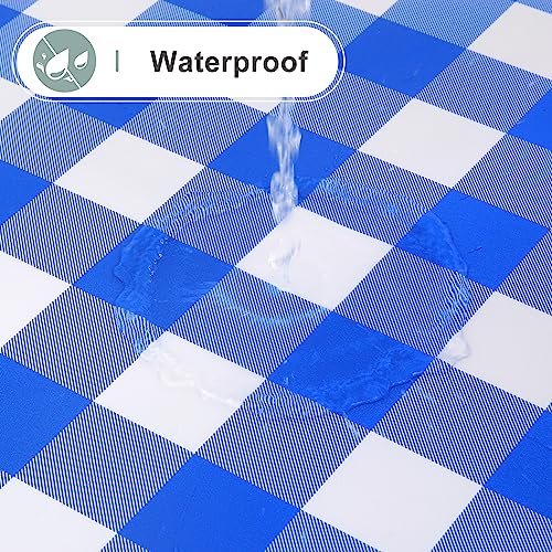 Image of misaya Round Waterproof Vinyl Table Cloth, Buffalo Flannel Backed Tablecloth, Wipeable Plastic Table Cover for Dinner, Kitchen, Picnic (60 inch, White and Blue)