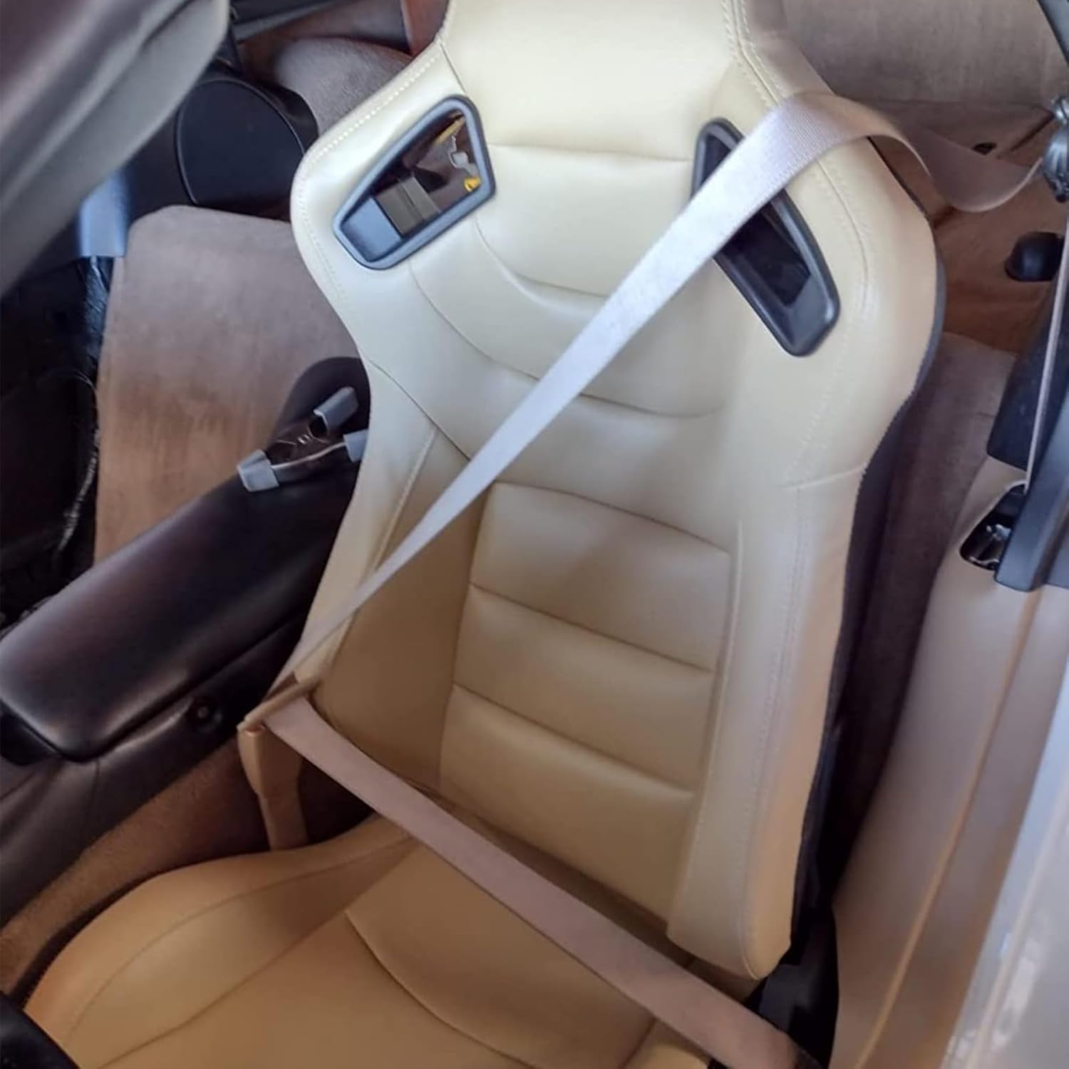 IKON MOTORSPORTS, Universal Racing Seats with 14" Dual Sliders, Beige PU W/Beige Stitching & Carbon Leather Back Reclinable Sport Bucket Seats for Cars, 1 Pair Driver Passenger Side 2PC