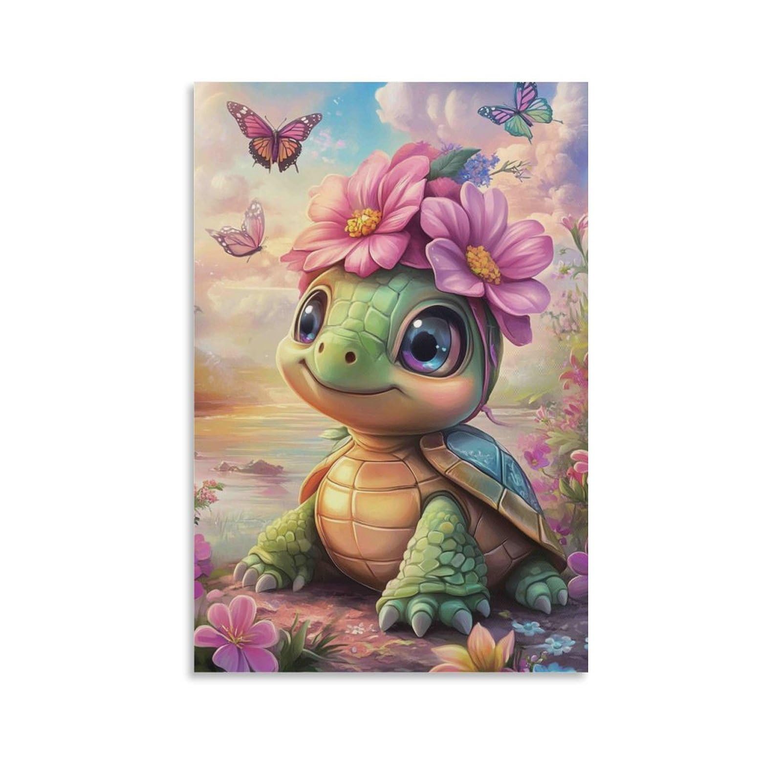 DHBANEIOK Cute Turtle with Flowers Poster Artwork Giclee Canvas Prints Modern Wall Art Picture Wall Hanging for Dining Room Kitchen Home Office Decor 08x12inch(20x30cm)
