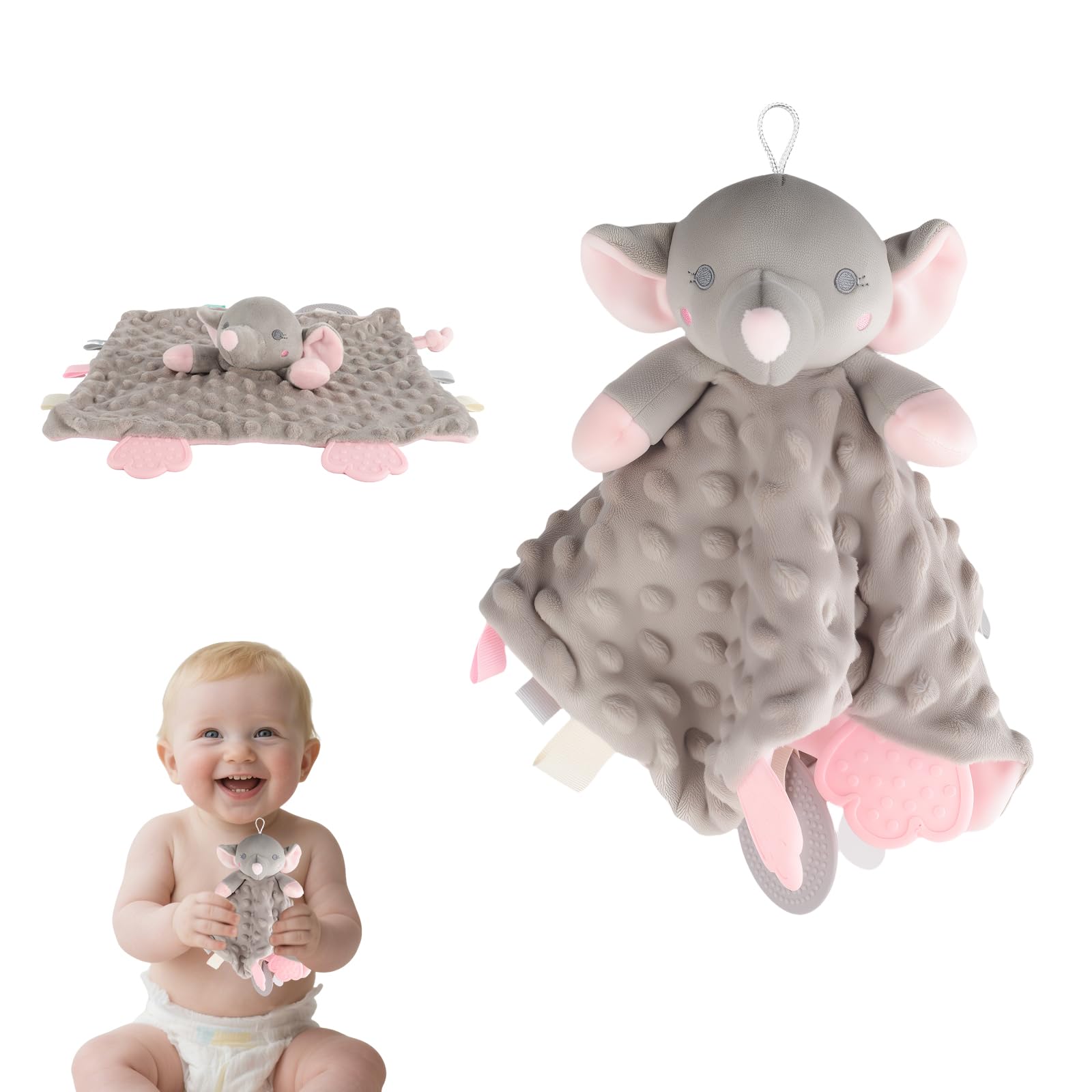 CMANLNYK Baby Comforter with Plush Toy – Soft Blanket for infant Essentials for Newborns, Personalised Comforters for Boys, Girls or Neutral Gender, Sensory Toy Gift, Elephant
