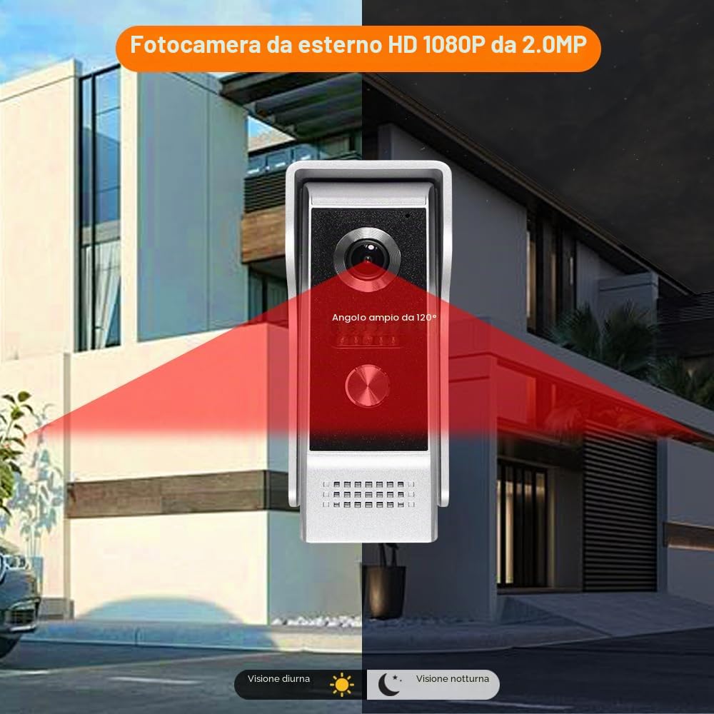 Sistema di Videocitofono Wi-Fi 1080P HD Telecamera con 2 Monitor, Videocamera con Schermo IPS da 7 Pollici per la Casa, Visione Notturna a IR, Registrazione, Sblocco APP Tuya
