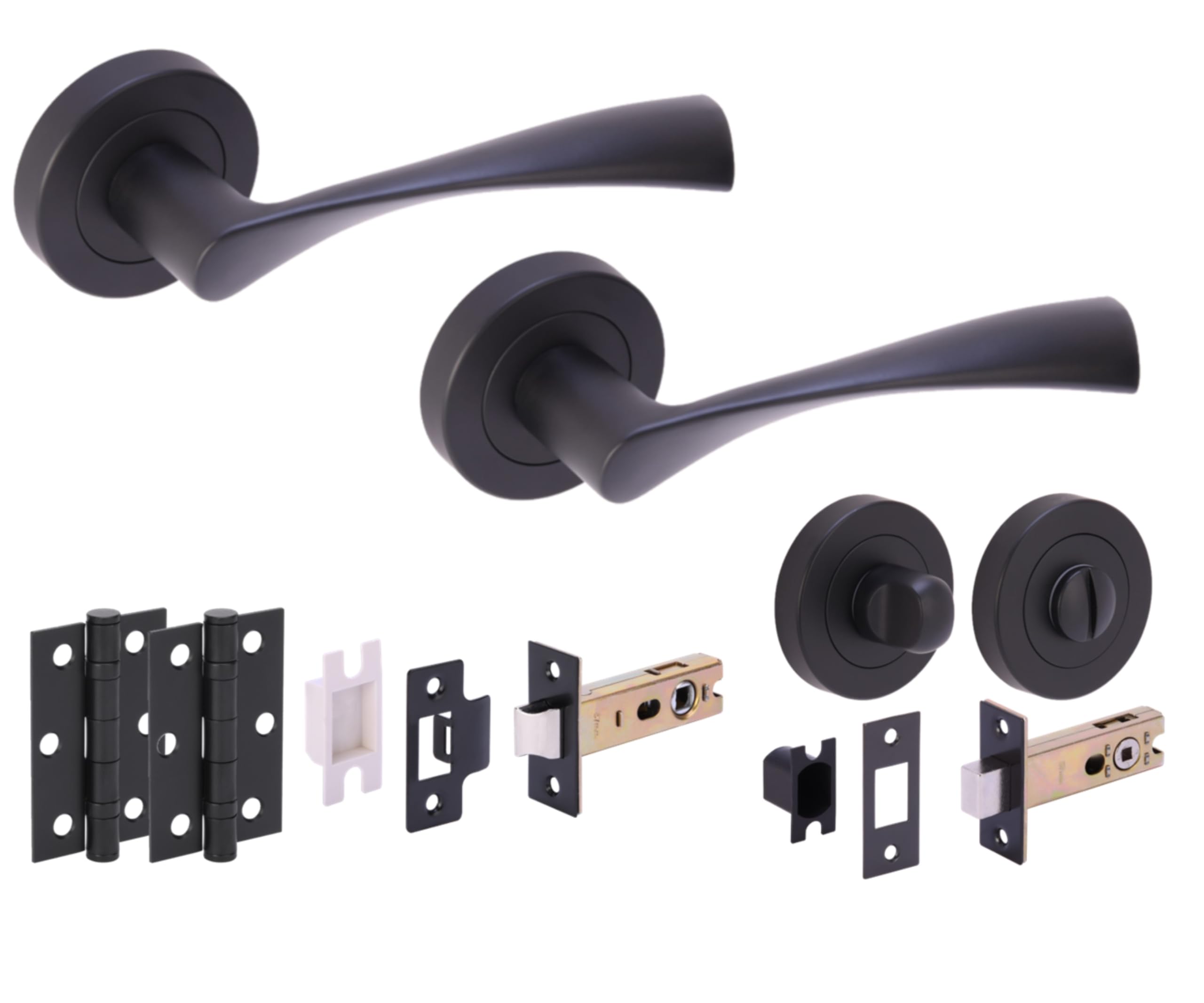 Hunta HANDLEZONE® Zena Door Handles on Rose Bathroom Deadbolt Pack with Ball Bearing Hinges - Black Matt