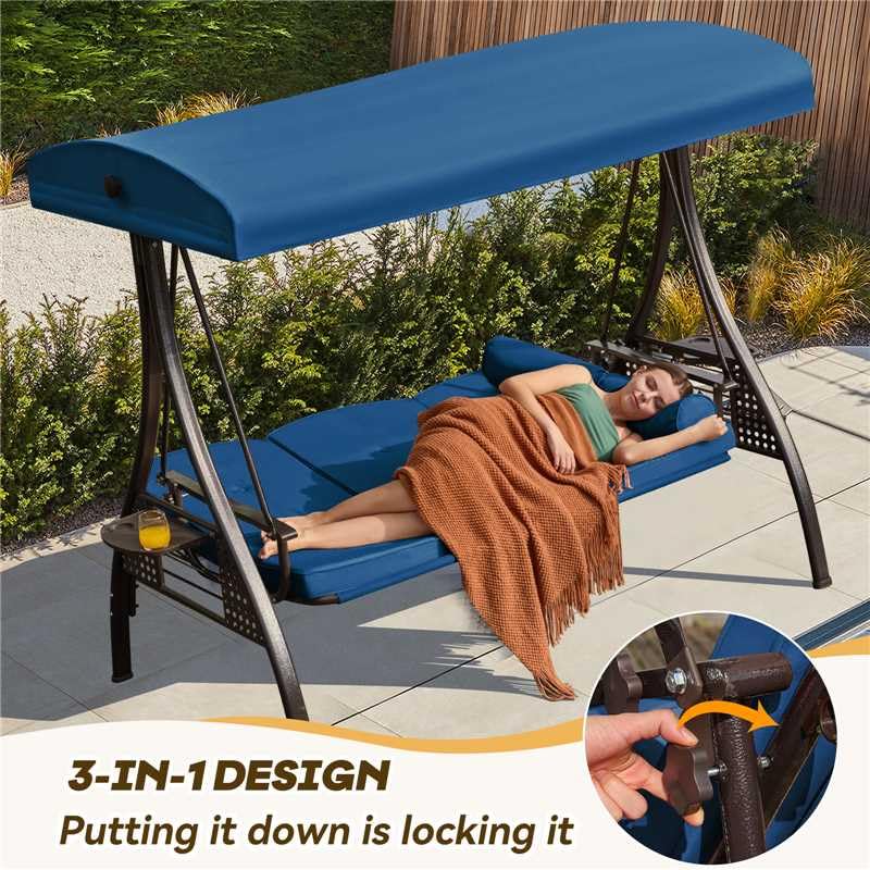 Image of 3 Seat Outdoor Patio Porch Swing with Adjustable Canopy, 3 in 1 Swing for Adults, Patio Swing Chair with Thickened Cushions,Pillows & Cup Holders for Backyard, Porch, Garden (Blue)
