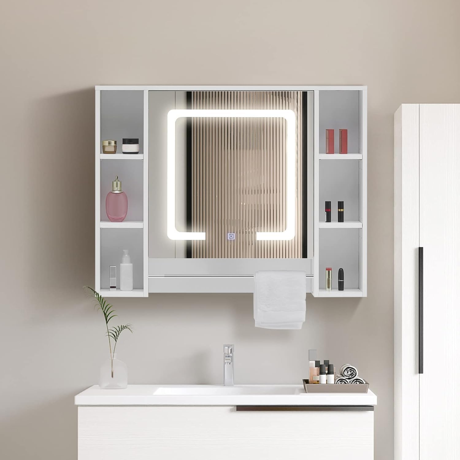 CLIPOP Armadietto da bagno con specchio illuminato a LED, armadietto da parete con ripiani regolabili in altezza e rack a torre, armadietto con specchio per soggiorno, bagno e WC
