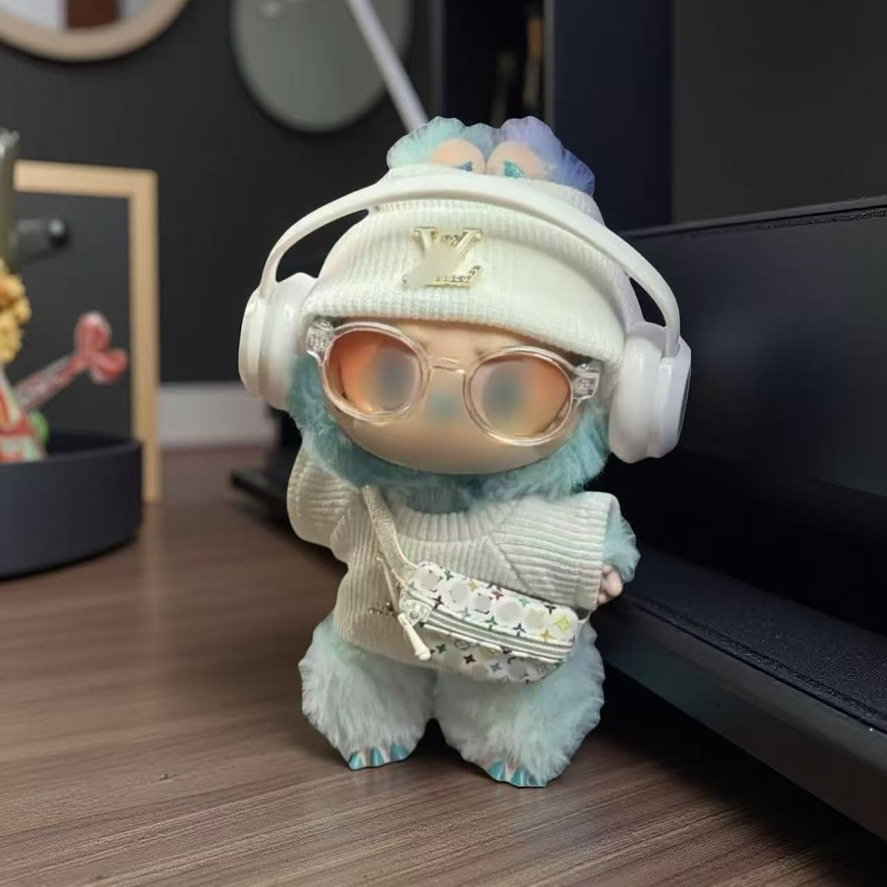 17cm Doll Clothes for lububu ，Designer Clothes Suitable for lububu Dolls Outfits and Accessories Set，Including top +Hat+Glass+Bag - 4PCS，Doll and Headphones not Included(White)