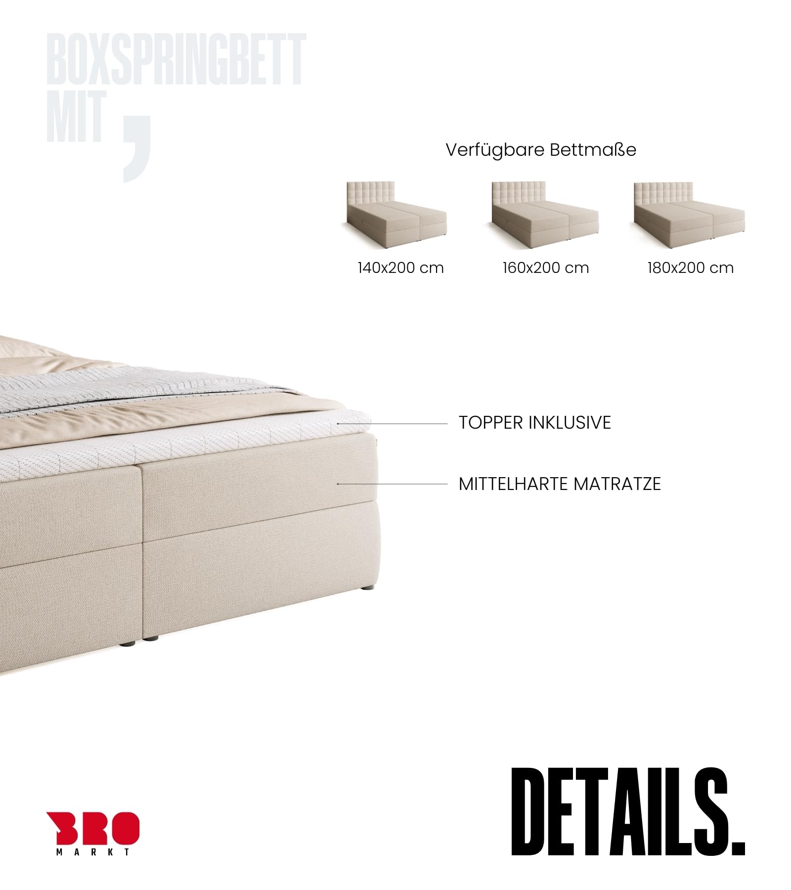 BROMARKT Boxspringbett 180x200cm mit Topper und Bettkasten H3 Beige | Doppelbett für Schlafzimmer mit Bonell Matratze Stauraum und gepolsterte Kopfstütze Bett Bed Einzelbett Federkern DETROIT