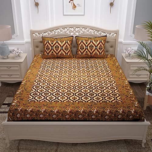 Image of Story@Home 100% Cotton Bedsheet for Double Bed with 2 Pillow Covers|90x108 Inch Abstract Floral Mustard and Red