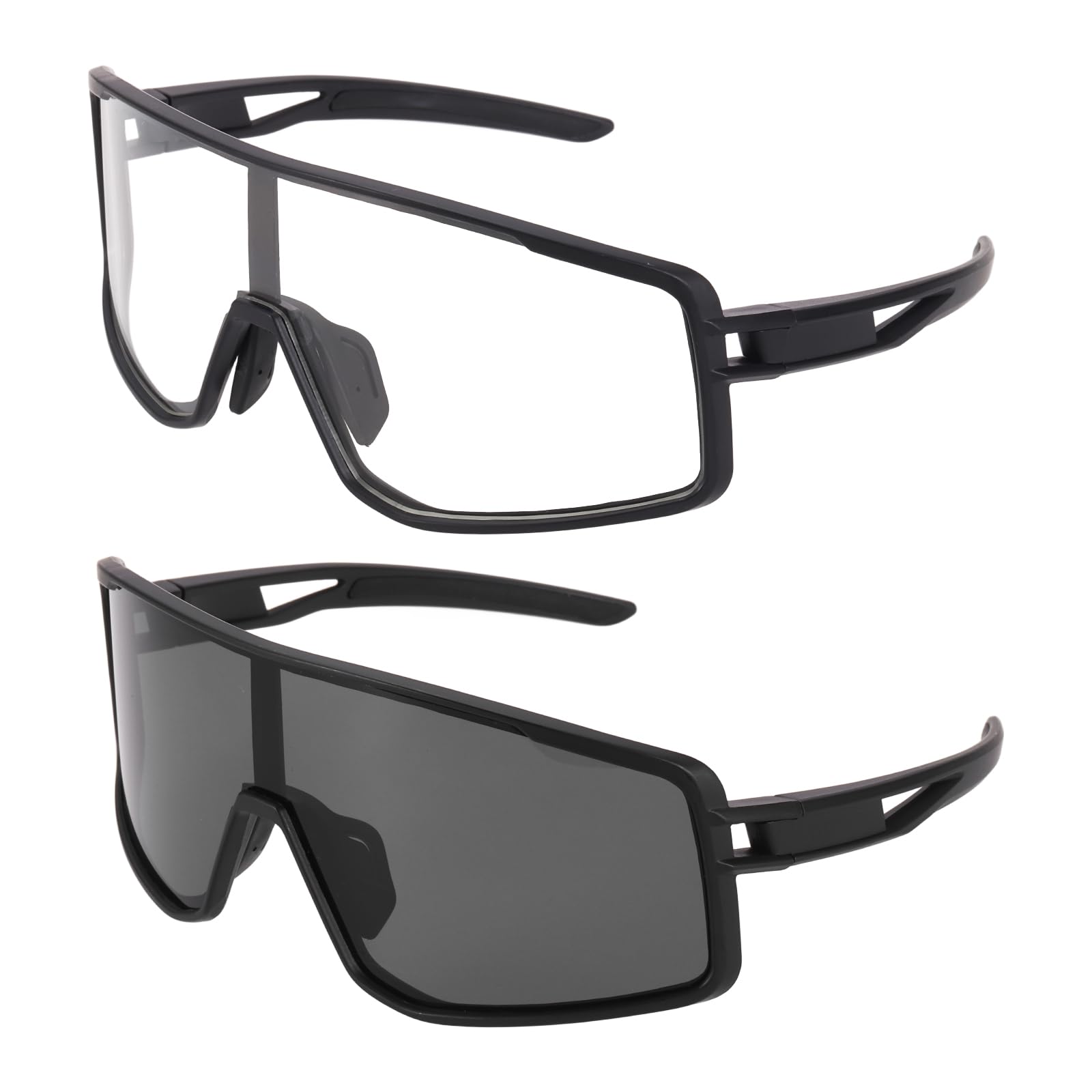 sourcing map 2Pcs Polarized Sports Sunglasses for Men Womens, UV400 Protection Cycling Sunglasses for Night Driving Running Skiing Fishing, Black Frame Clear & Gray
