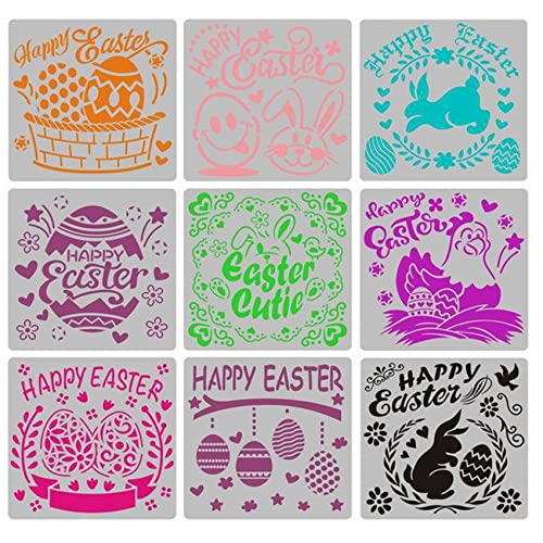 ILamourCar 9pcs Pochoir Peinture Pâques, Réutilisable en Plastique Gabarits de Peinture Pochoir Oeuf de Pâques Lapin pour Artisanant Cartes Scrapbooking Pâques décoration Cover