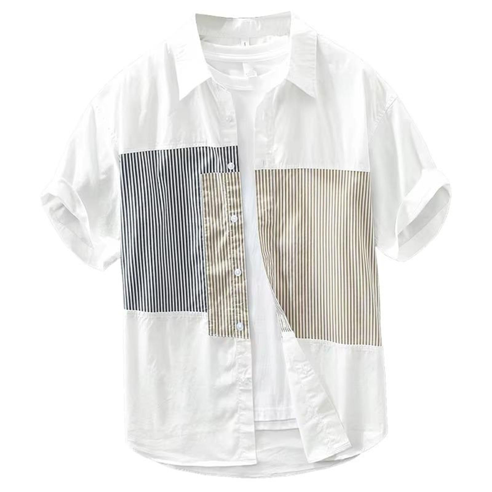 Camicetta Sottile da Uomo a Righe con Inserti, Top Leggero a Maniche Corte Casual Quotidiano Estivo