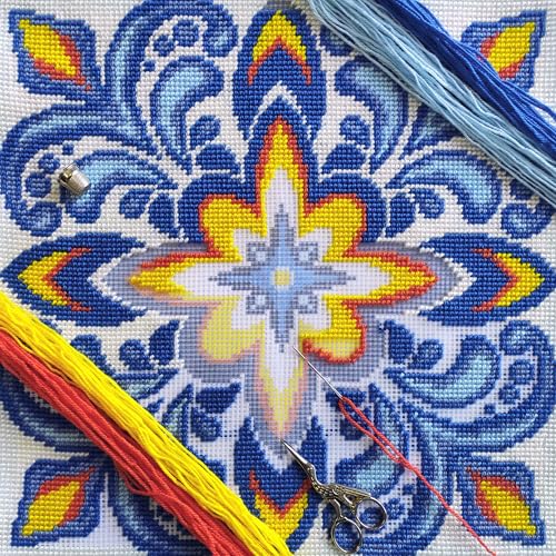Image of Brvsk Ornamental Stamped Cross-Stitch Kit for Adults and Beginners - Fire and Ice 16″ x 16″ with Clear, Precise Printed Design on Cotton Canvas; Includes 2 Needles, Yarn, and Easy-Read Chart