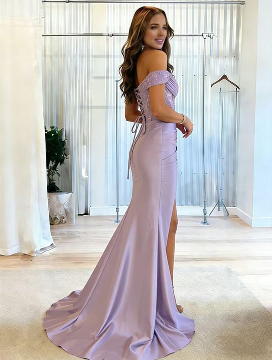 Cadoly Satin Mermaid Prom Dresses 2026 Long with Slit Elegant Sequin Sparkly Formal Dresses for Women Evening Party