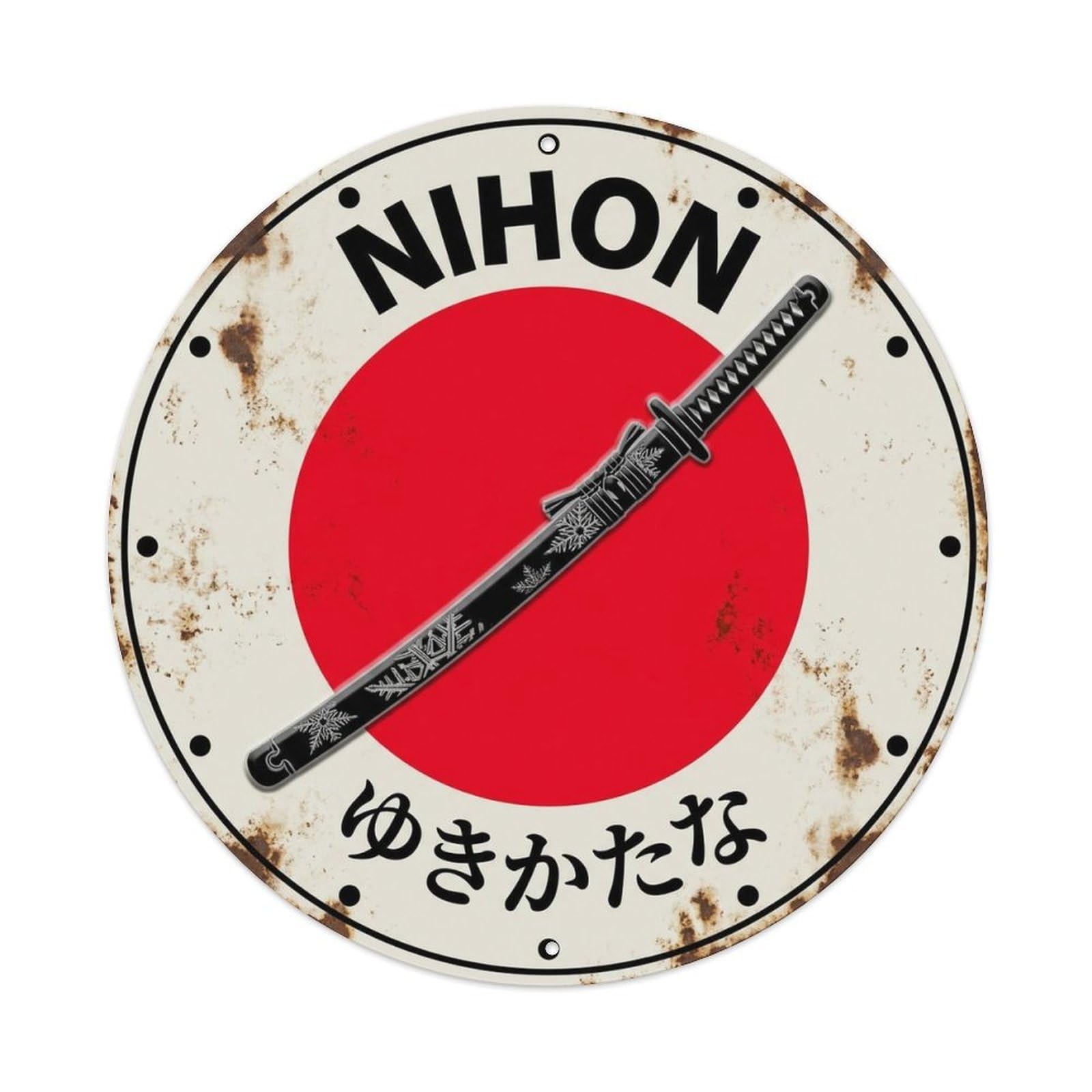 Snow Sword Nihon Winter Scene Historic Retro Crest Metal Tin Sign Plaque Wall Decor for Cafe, Man Cave, Club Bar, Office, Home Garden Round Metal Poster 8x8Inch
