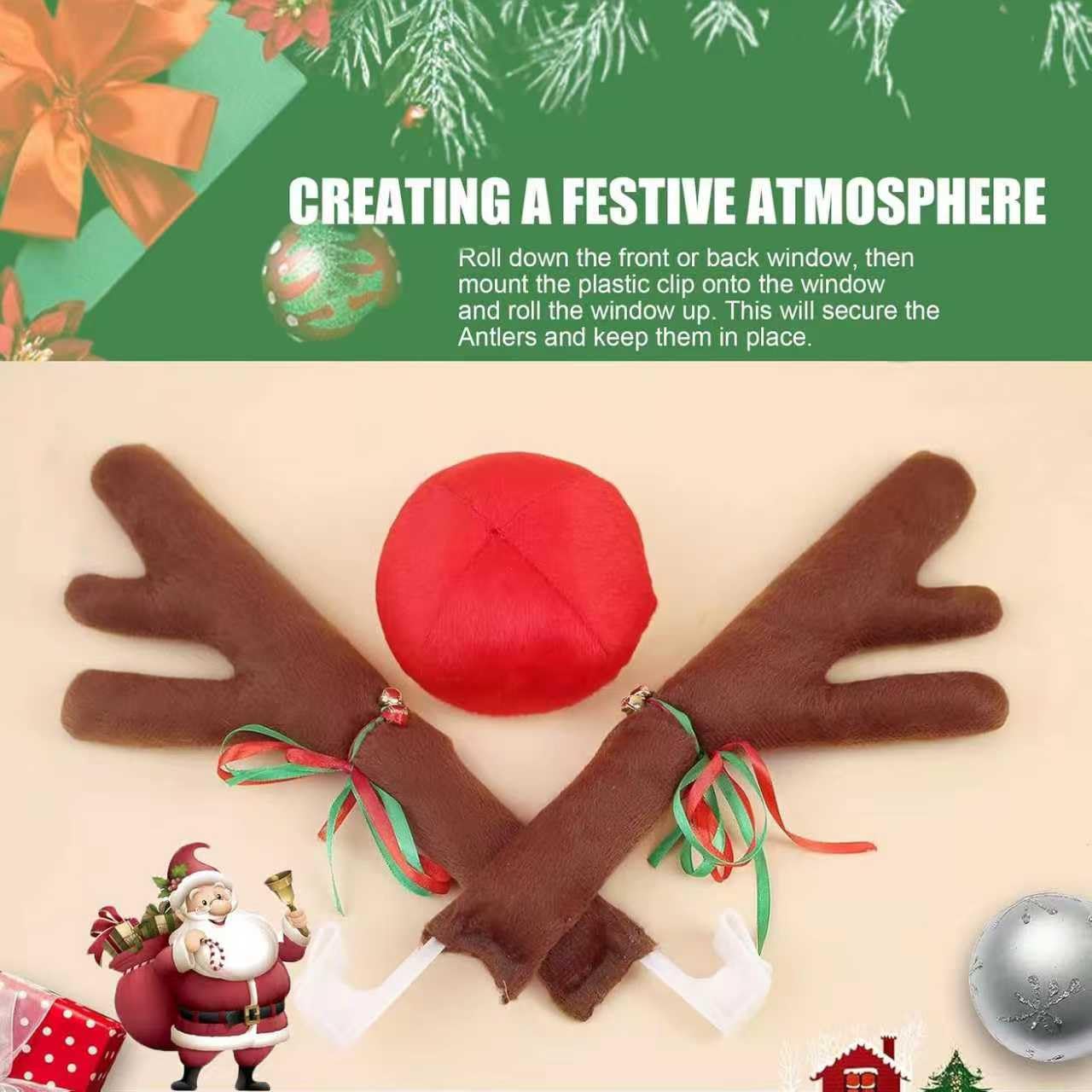 Cuerno de reno para decoración de coche de Navidad,Cuernos de Reno para Coche con Nariz Roja Coche Reno Decoración Kit de,Alce Rudolf para Camión, Van, SUV