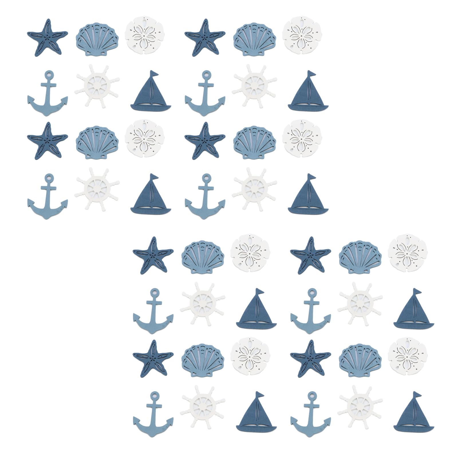 FarBoat 48pcs Mediterranean Style Wood Piece Wall Decor Sand Dollar Seashell Starfish Anchor Helm Sailing Boat Shape Wood Hanging Ornaments (2-Inch)