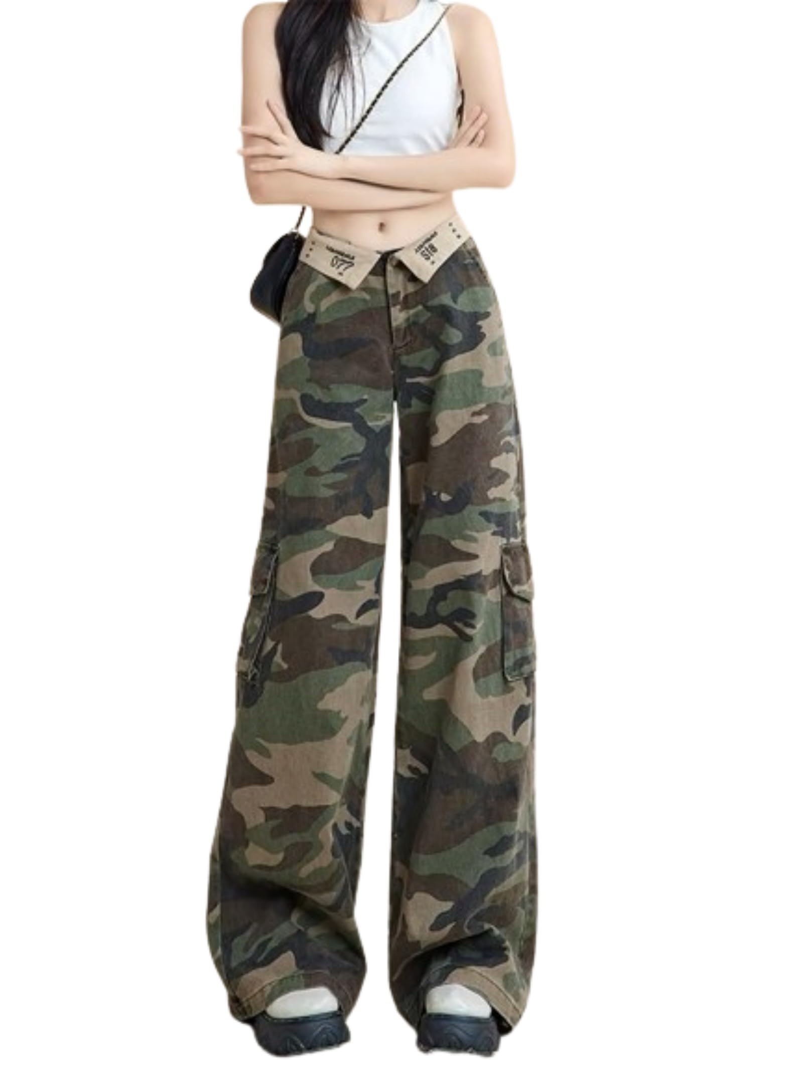 Y2K Aesthetic Camo Cargo Pants for Women - 2000s Fashion High Waisted Baggy Pants with Pockets Casual Streetwear