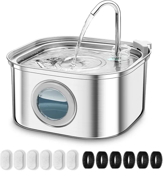 UPETCASL Cat Water Fountain Stainless Steel, 3.2L/108oz Pet Water Fountain for Cats Inside with Water Level Window, Ultra-Quiet Pump Pet Water Dispenser for Cats,Dogs, Multiple Pets, Dishwasher Safe