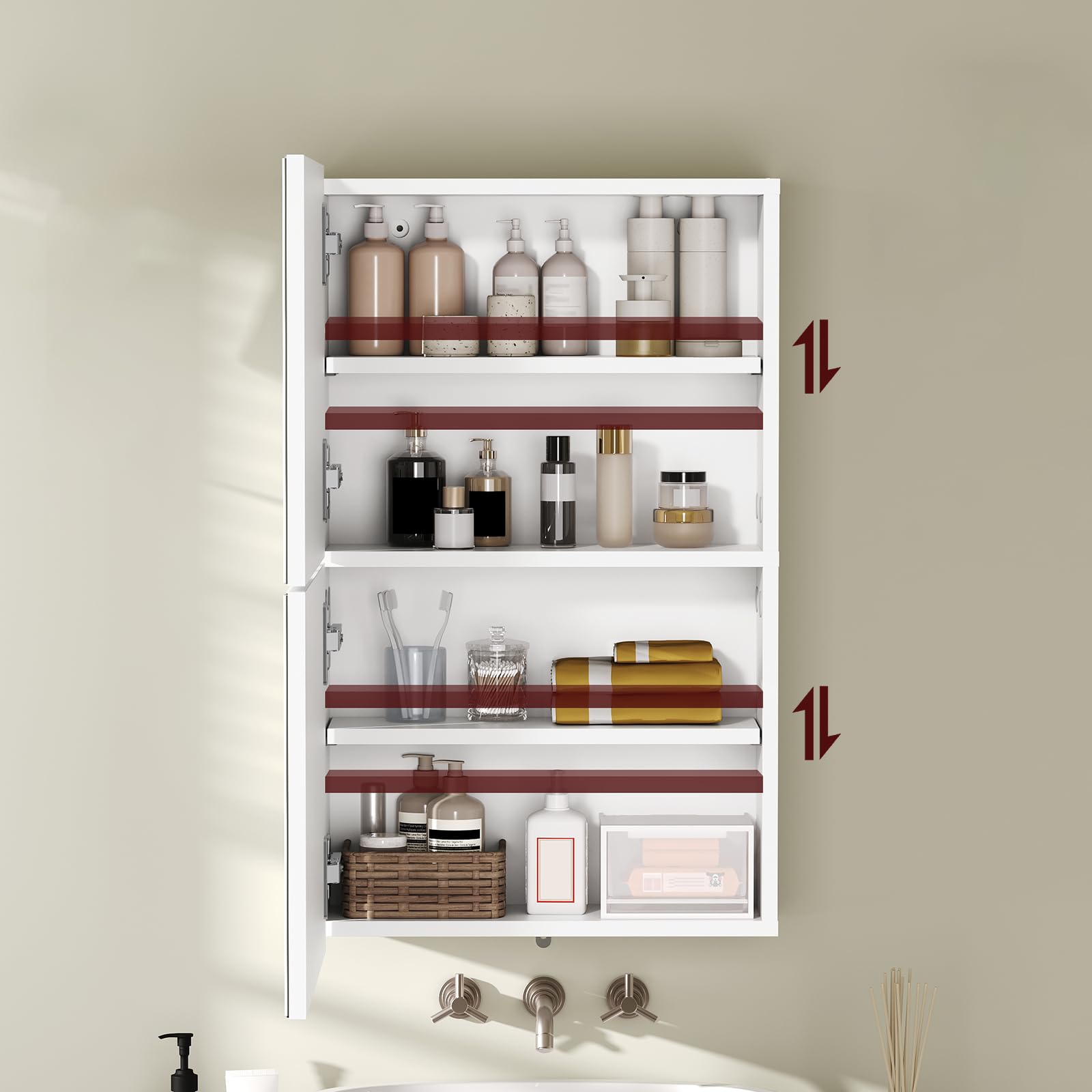 MAHANCRIS Armadietto Bagno Pensile con Doppio Specchio | Mobile Contenitore da Parete con 2 Ripiani Regolabili, per Ingresso, Soggiorno e Camera da Letto, Bianco AWCWT4101
