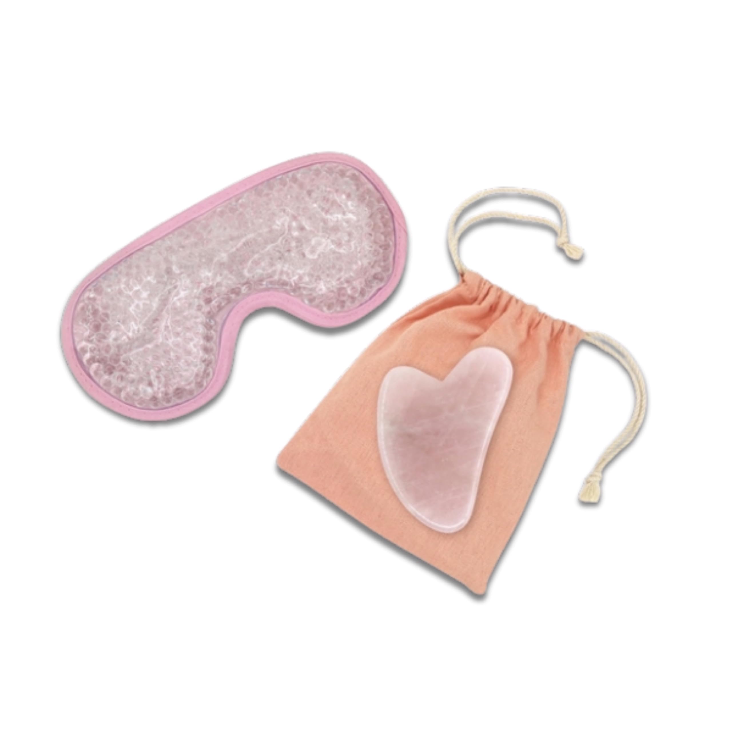 Sun & Sia - Kit Masque Yeux Chaud/​Froid et Gua Sha en Pierre Naturelle Quartz Rose (+​Housse) - Rafraîchit le Teint, Traite les Poches et Cernes, Stimule la Circulation - Effet Anti-​Âge et Peau + Ferme