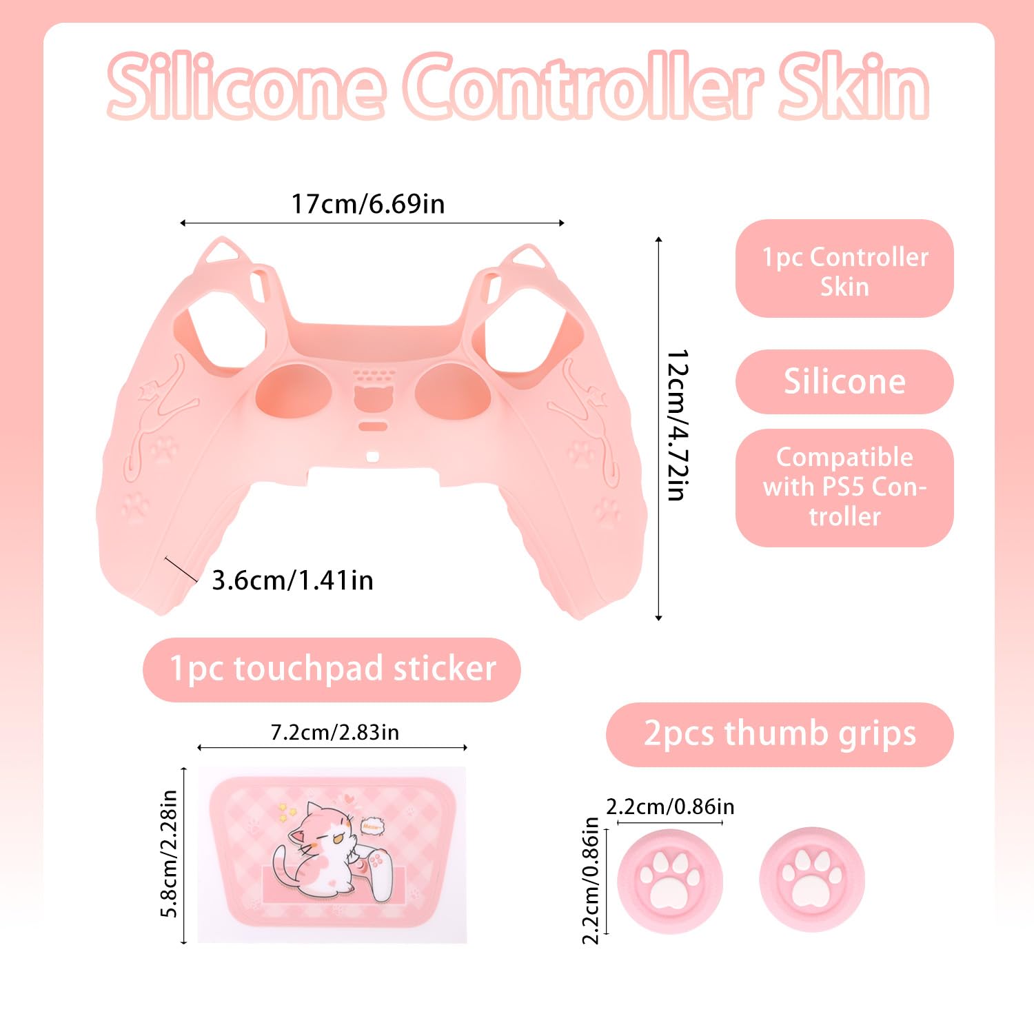 lasuroa Set Rosa Funda Mando para PS5, Huella Gato Bonita Cubierta Antideslizante Silicona Accesorios Mando Inalámbrico del PS5 Carcasa Protectora con Agarre Pulgares & Pegatina Panel Táctil
