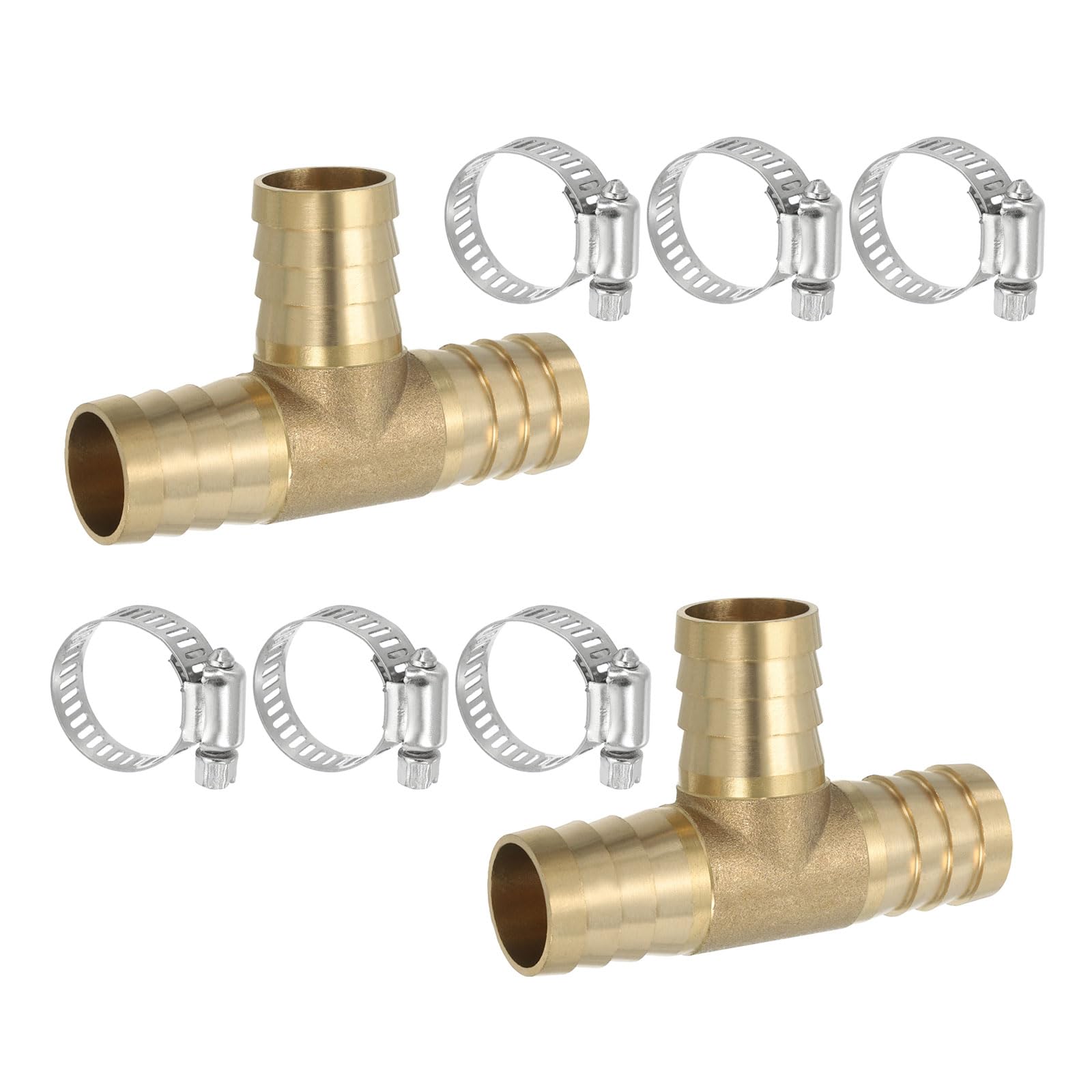 PATIKIL 1/2" Brass Tee Hose Barb Fitting, 3 Ways Union Intersection T Shape Barbed Split with Clamps for Air Water Fuel Gas Liquid, Golden — view 14