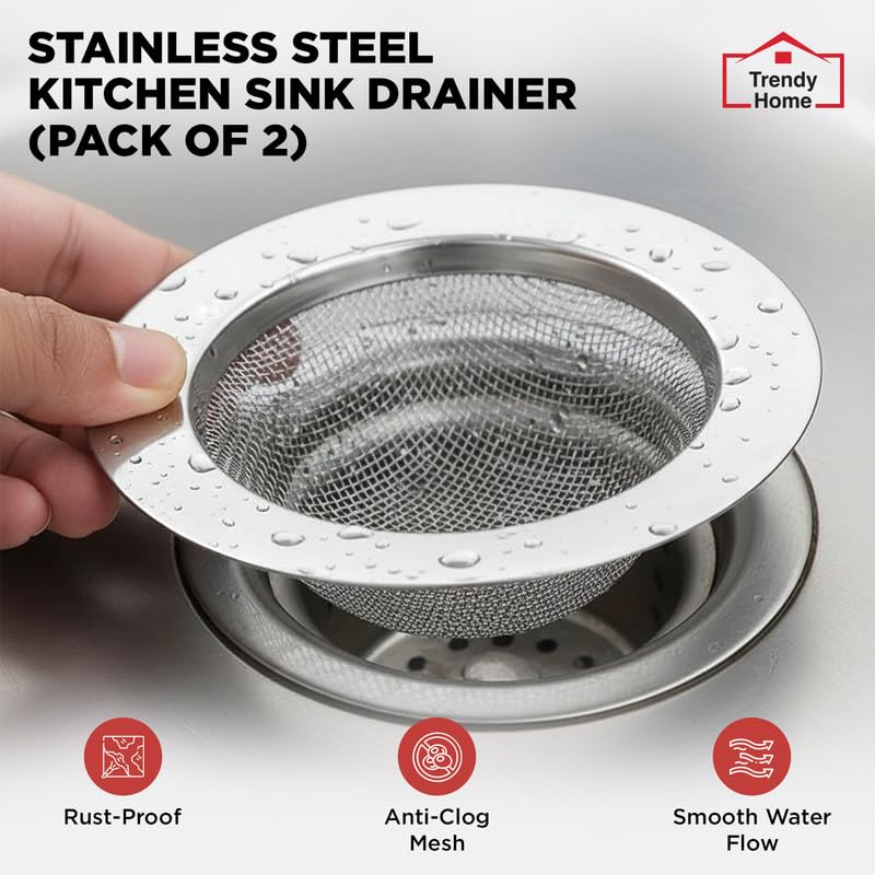 Image of Trendy Home Stainless Steel Kitchen Sink Strainer Jali, 11x11x3.5 cm | Pack of 2, Rustproof Anti Clog Sink Drain Cover Filter For Waste Coupling