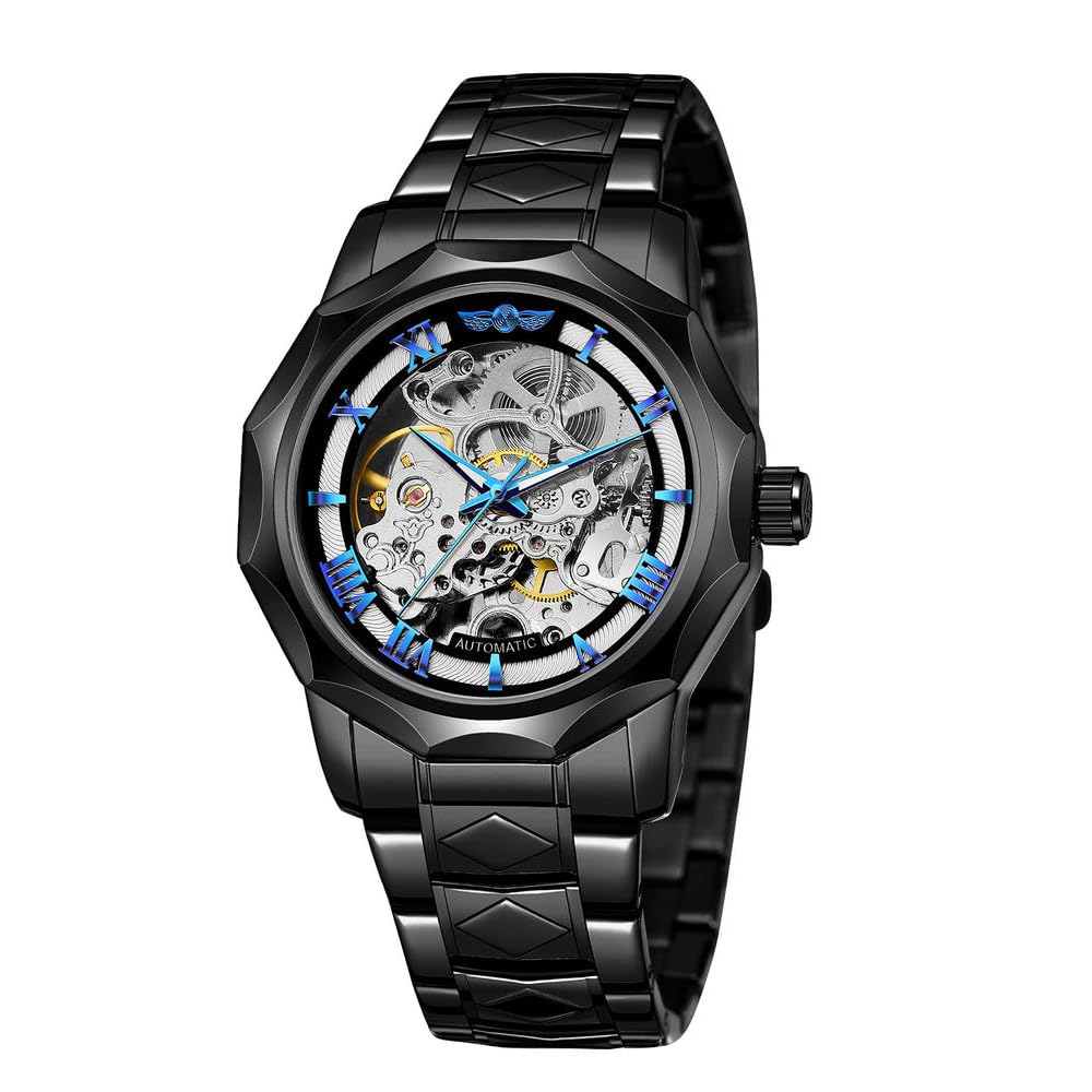 Tiong Relojes automáticos de moda, reloj de pulsera mecánico dorado para hombre, relojes de esqueleto con esfera transparente de acero inoxidable, TW1239-negro, Mecánico