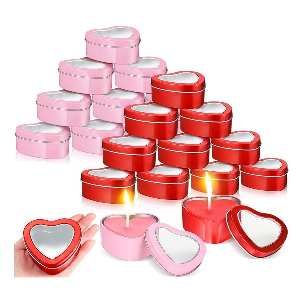 Lwaviwer 24Pcs 4Oz Heart Shaped Metal Tins, Empty Tea Light Mold Heart Shaped Box with Clear Window Lids Tin Candle Containers