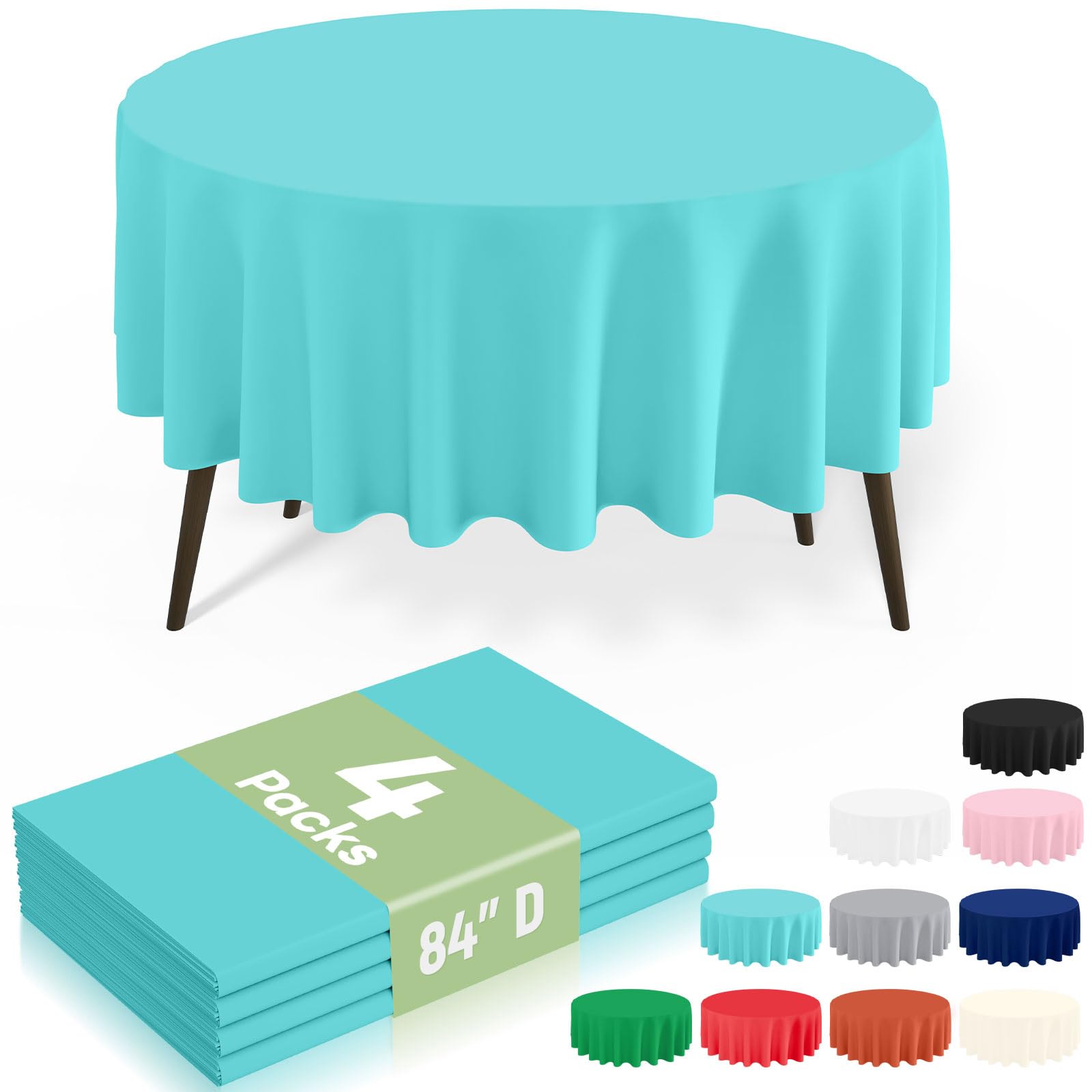 misaya 4 Packs Disposable Plastic Table Cloth, 84" Round Waterproof Tablecloth, Leakproof &amp; Sturdy Decorative Table Covers for Picnic, Party, Outdoor and Back to School, Teal