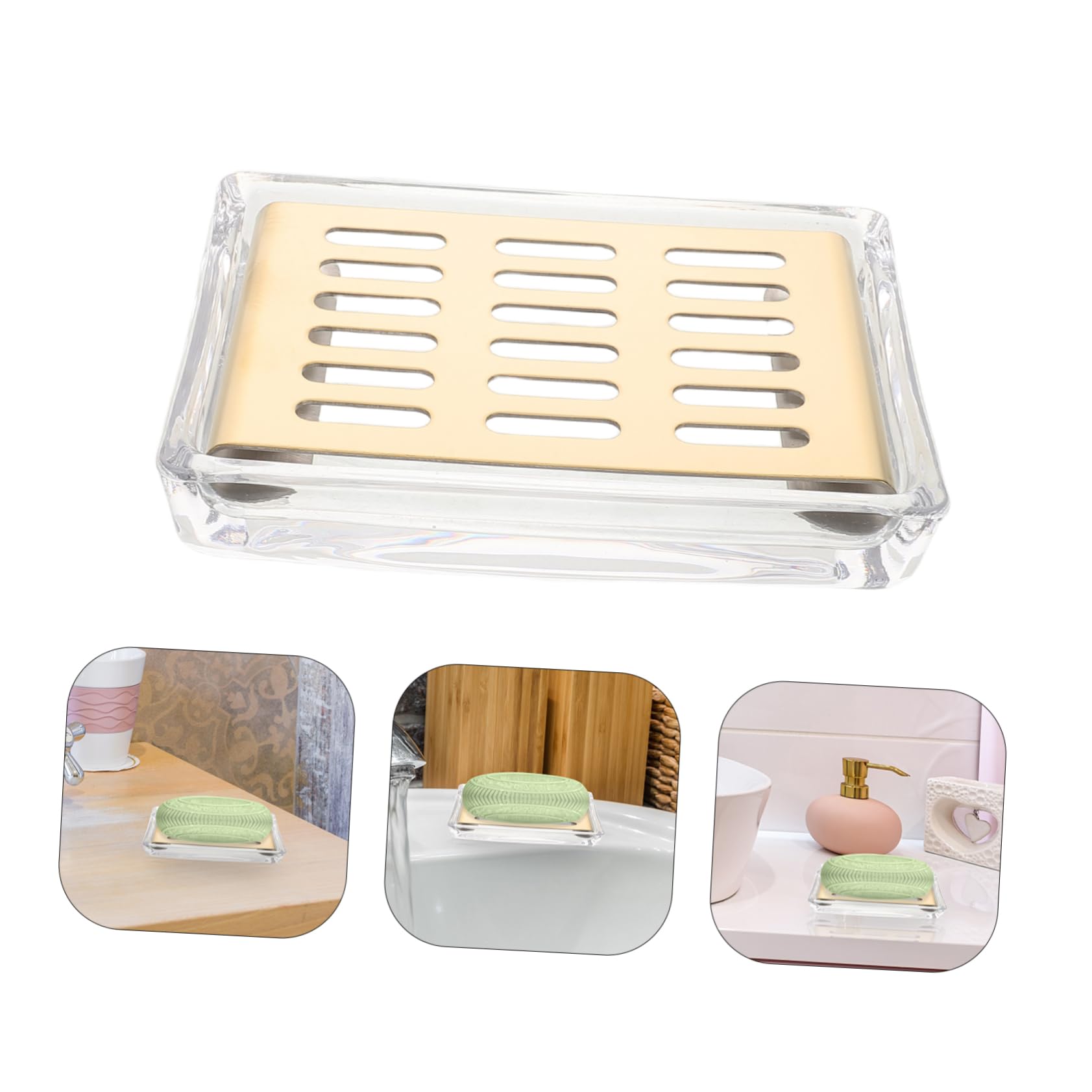 Jabonera de Vidrio Transparente Drenaje Automático Doble Capa, y Bandeja de Acero Inoxidable, Forma Rectangular para Baño y Encimera