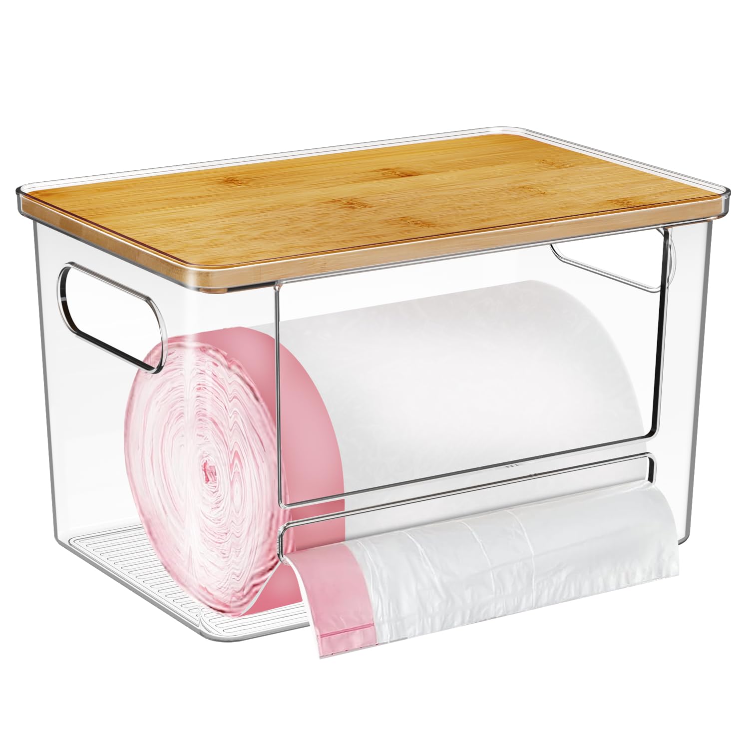 Ginnerella Trash Bag Holder, Acrylic Garbage Bag Dispenser with Bamboo Top, Extra Large Trash Bags Dispenser Under Sink for Kitchen, Pantry, Laundry