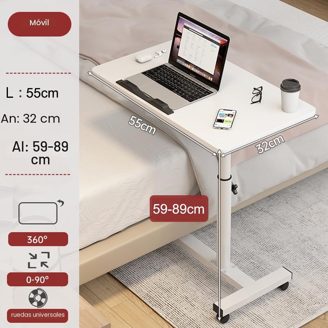 Mesa Auxiliar para Cama, Altura Ajustable, Plegable, con Ruedas, Mesa de Aseo móvil de Madera para Cama de 55 x 32 cm, Mesa Auxiliar móvil Flexible para sofá