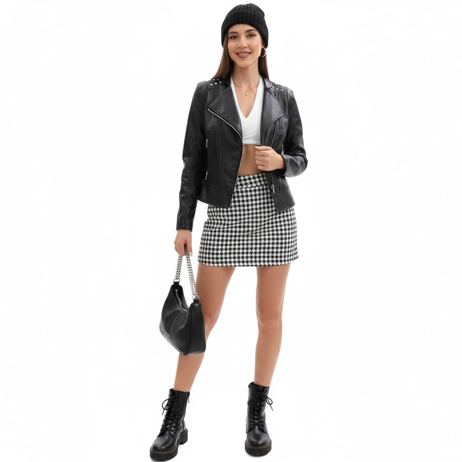 Chaqueta de Cuero Mujer Remaches Moto Corta Cazadora Cremallera chaqueta entretiempo