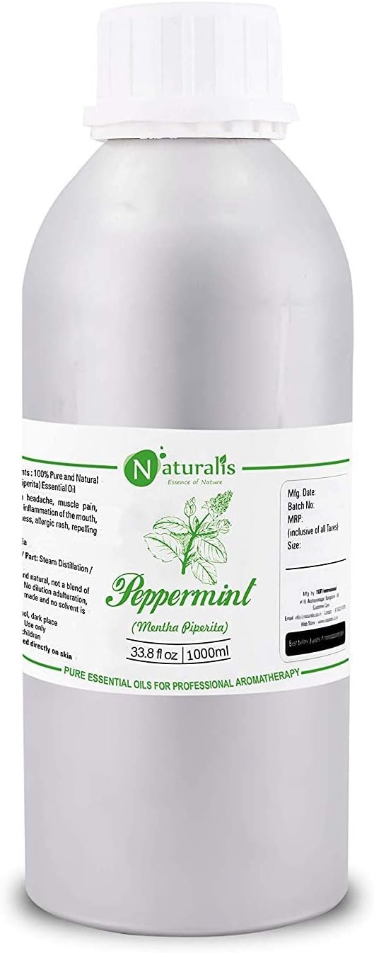 Naturalis Peppermint Oil – Pure Therapeutic Grade Peppermint Mentha Piperita Essential Oil for Hair, Skin Care, Steaming, Diffuser & Aromatherapy – Soothing & Pain Relief – 1000ml