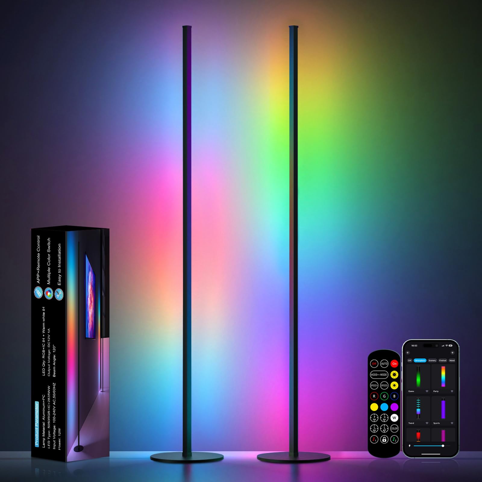 Lot de 2 Lampadaire LED d'Angle, 140cm Lampe sur Pied RGB avec APP et Télécommande,16 Millions Couleurs, Musique Sync et Temporisation, Lampe d'Ambiance Moderne pour Salon, Chambre et Décoration Fête