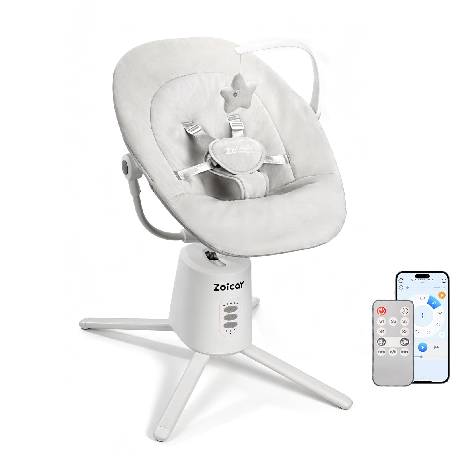 Babywippe Verstellbare Rückenlehne Zoicay Babywippe elektrisch mit 3 Schwingmodi Fernbedienung und Bluetooth,Timing und Musik funktion TragbarBabywippe elektrisch für Indoor & Outdoor(Weiß)