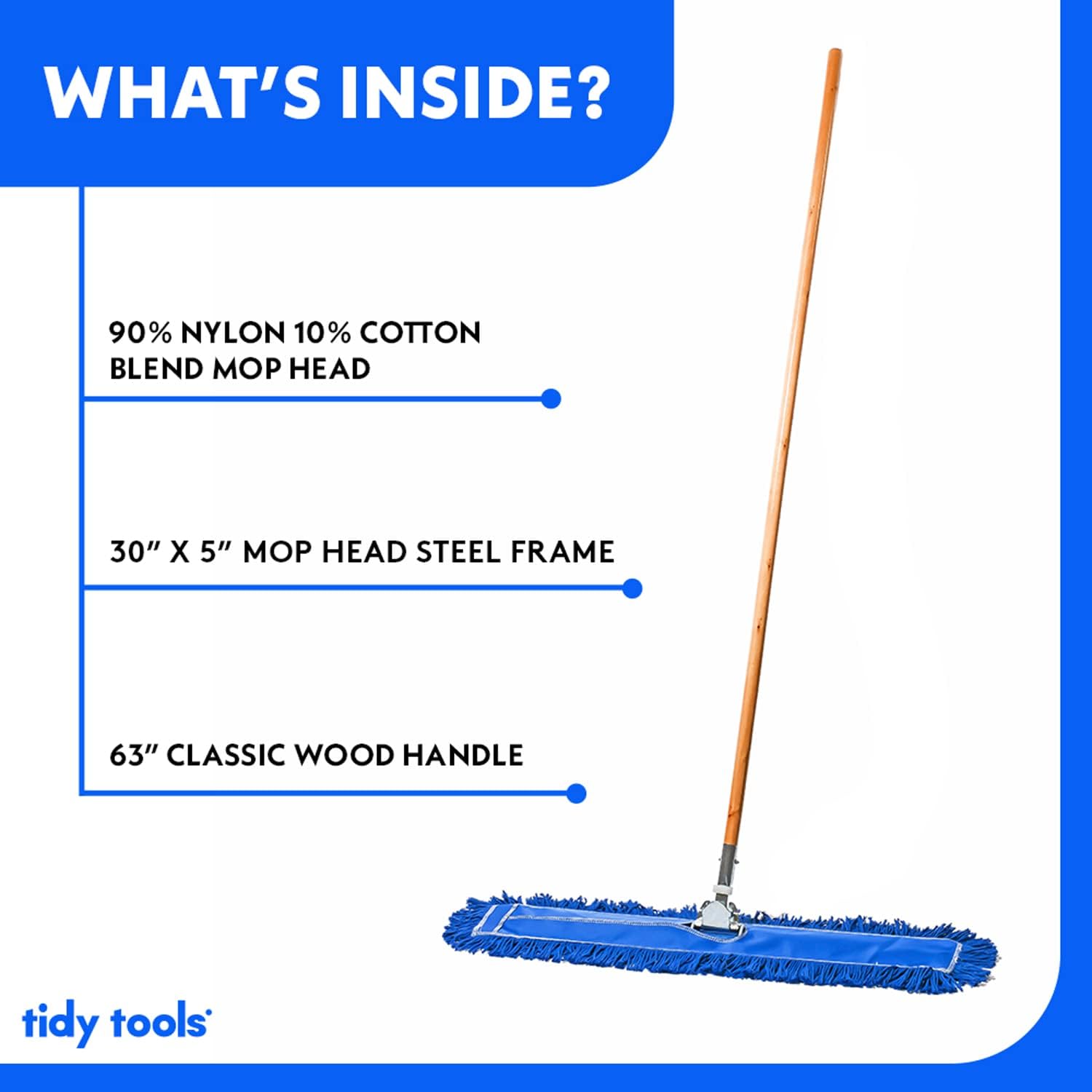 Tidy Tools Commercial Dust Mop & Floor Sweeper, 30 in. Dust Mop for Hardwood Floors, Cotton Reusable Dust Mop Head, Wooden Mop Handle, Industrial Dry Mop for Floor Cleaning & Janitorial Supplies, Blue