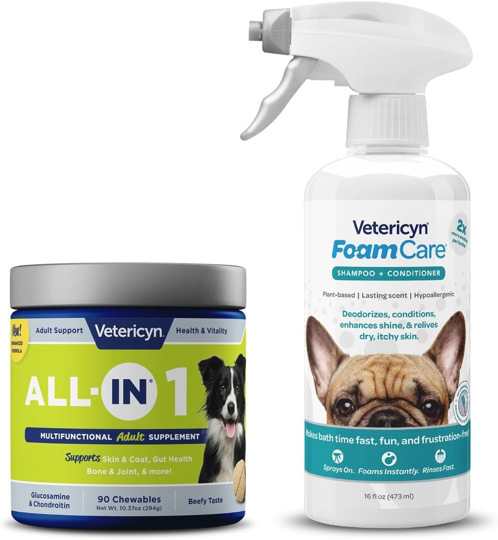 Vetericyn All-in 1 Multifunctional Dog Supplement and FoamCare Spray-On Plant-Based Dog Shampoo and Conditioner