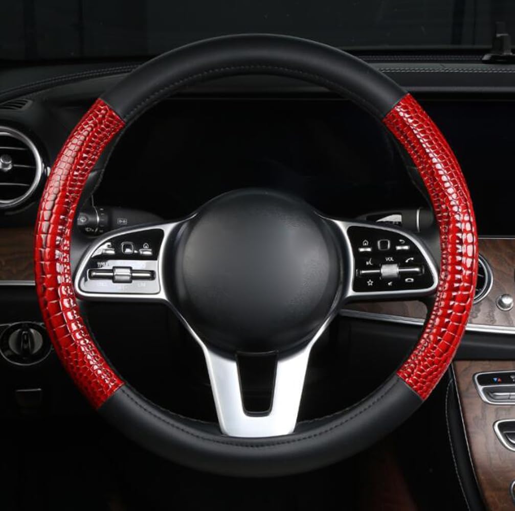 Crocodile Pattern Steering Wheel Cover Leather Four Seasons General Breathable Anti-Slip Odorless Comfortable Grip 15 Inch Universal Fit (Black)