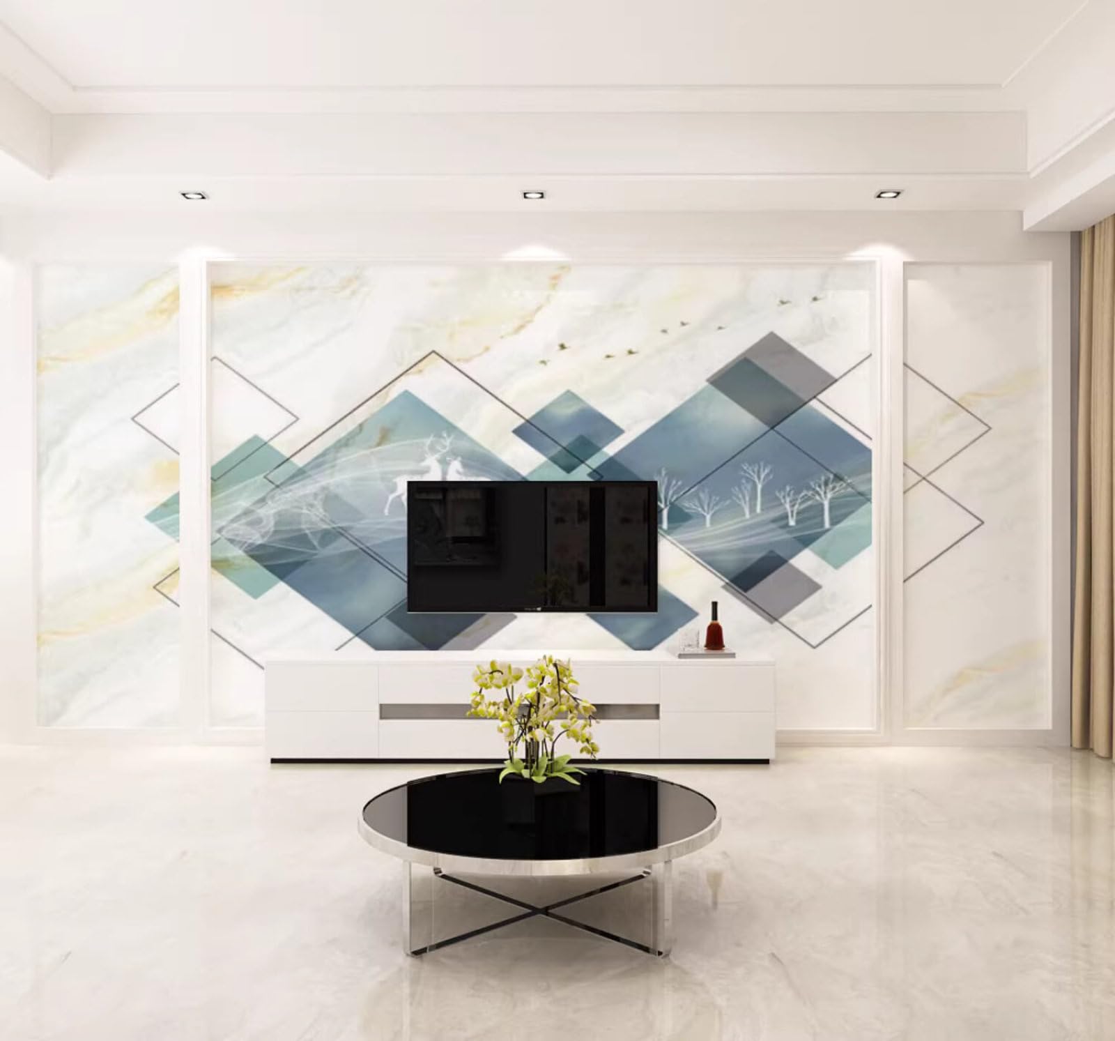 Abstract Blue Geometric Reindeer Marble Effect 3D Wallpaper Easy Install Feature Office Living Room Sofa Bedroom TV Background Wall Decoration-200cm×140cm
