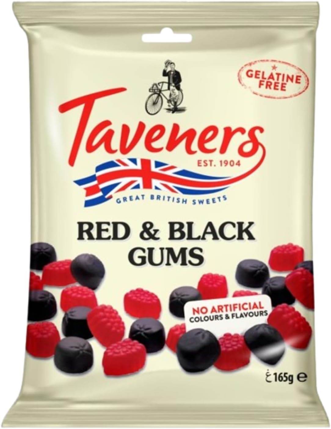 Taveners Gelatin Free Red & Black Gums 165g – British Raspberry & Blackcurrant Flavoured Chewy Candy – No Artificial Colours & Flavours